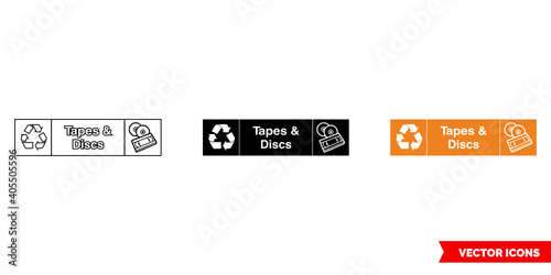 Tapes and discs landscape waste recycling sign icon of 3 types color, black and white, outline. Isolated vector sign symbol.