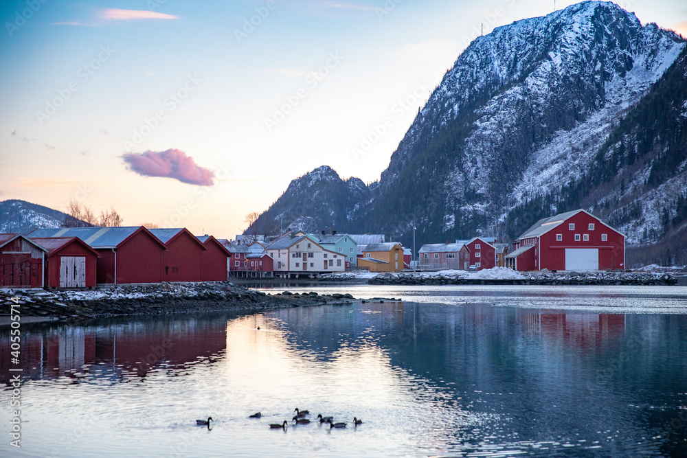 Sea house and other buildings by the river Vefsna, Mosjøen,Helgeland,Nordland county,Norway,scandinavia,Europe