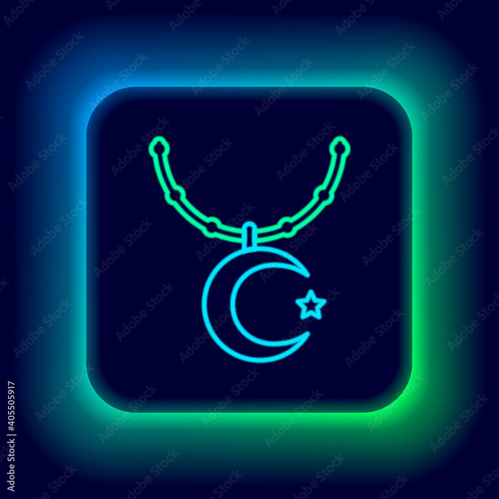 Glowing neon line Star and crescent on chain - symbol of Islam icon isolated on black background. Religion symbol. Colorful outline concept. Vector. Glowing neon line Star and crescent on chain - symbol of Islam icon isolated on black background. Religion symbol. Colorful outline concept. Vector.