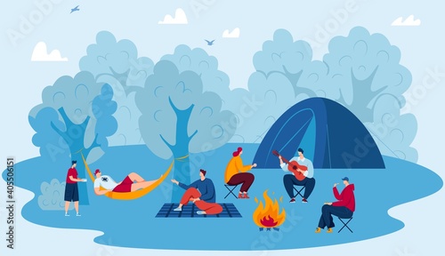 Camp in forest, travel adventure, tourism vector illustration. Campsite, hiking and outdoor recreation concept with camping travellers in summer, tent, fireplace in nature. Wild landscape vacation.