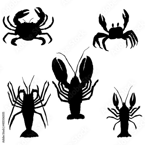 Vector Set of Sea Animals Silhouettes. Omar, Lobster and Crab.