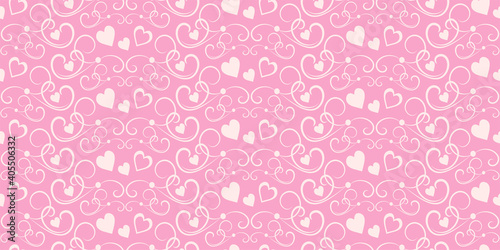 Cute pink abstract background pattern with curls and hearts. Seamless wallpaper texture. Vector image