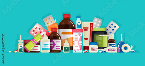Pharmacy items. Medicines, medical products. Composition. Vector illustration in flat cartoon style.