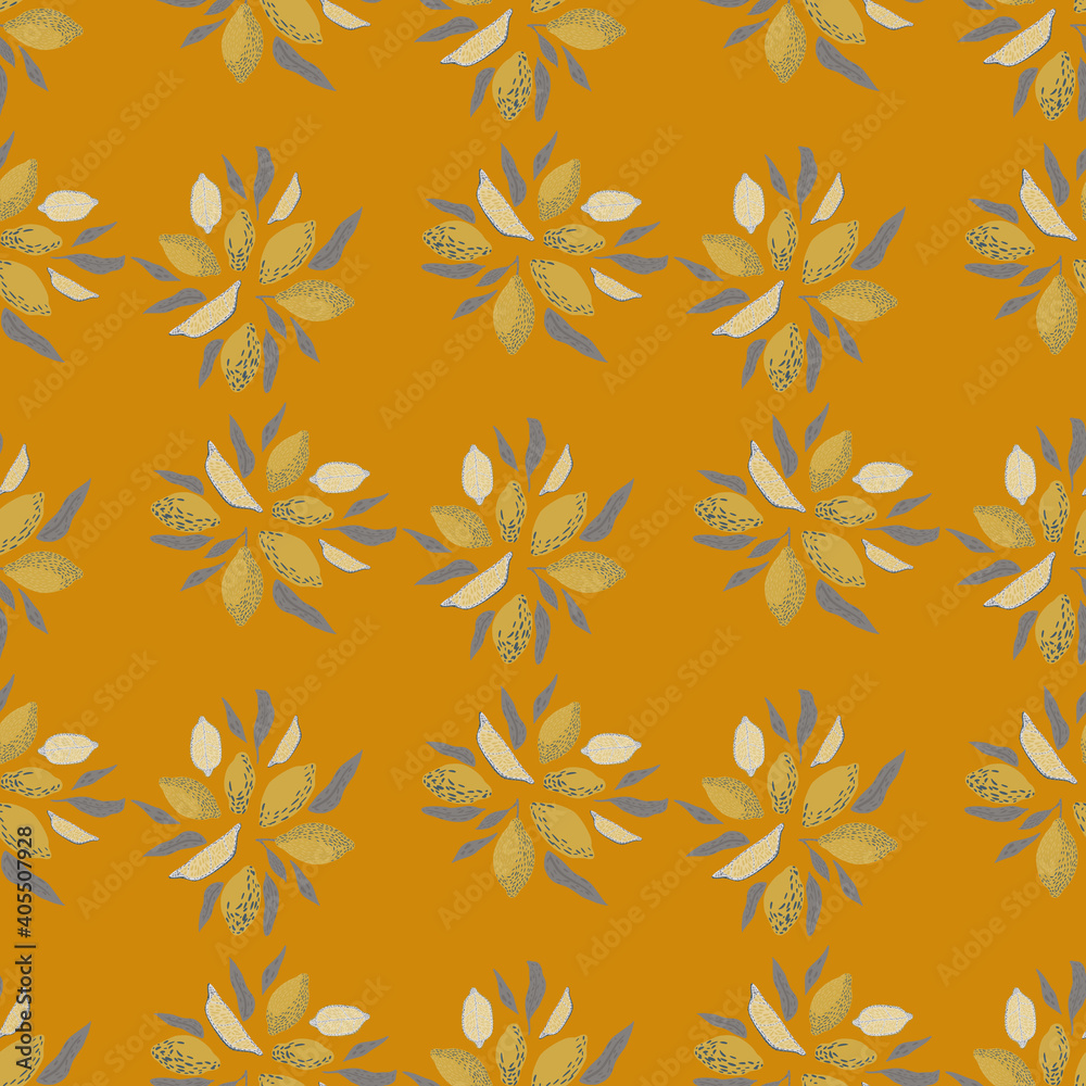 Organic citrus seamless pattern with simple lemons shapes and leaves. Orange background. Organic citrus seamless pattern with simple lemons shapes and leaves. Orange background.