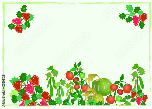 Banner of vegetables and berries - hand drawn cartoon color illustration.