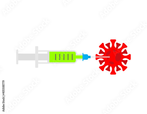 Coronavirus vaccine. The syringe pierces the Covid-19 bacteria. Cure for infection