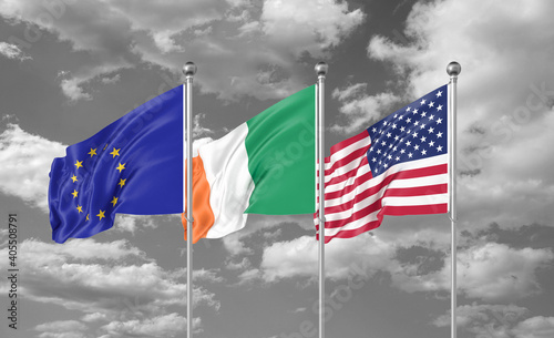 Three realistic flags. Three colored silky flags in the wind: USA (United States of America), EU (European Union) and Ireland. 3D illustration.