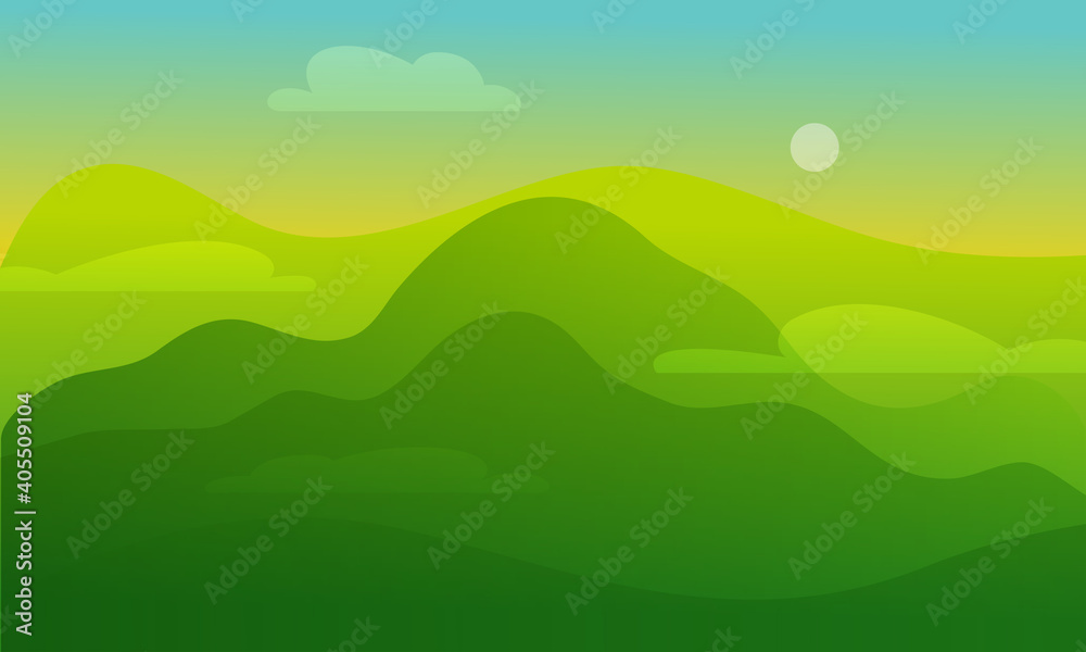 Sunrise and green hills. Valley landscape flat style illustration. Futuristic gradient glowing hills on haze sunshine sky background. Fantasy misty vector backdrop design template for game, web, app.