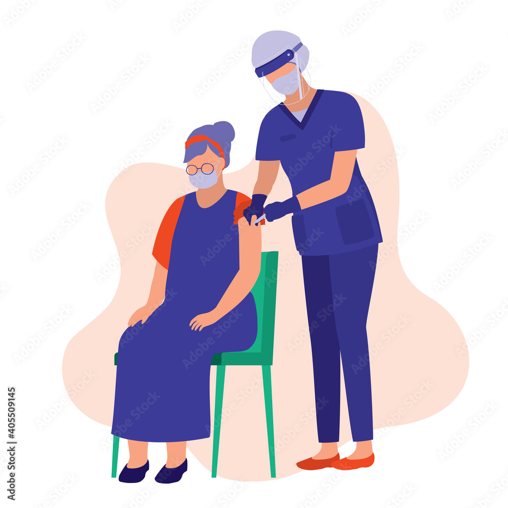 Old Woman Receives Covid-19 Vaccine In His Upper Arm. Coronavirus Vaccination Concept. Vector Illustration Flat Cartoon.    Nurse In Protective Face Shield And Mask Injecting Vaccine Into The Patient