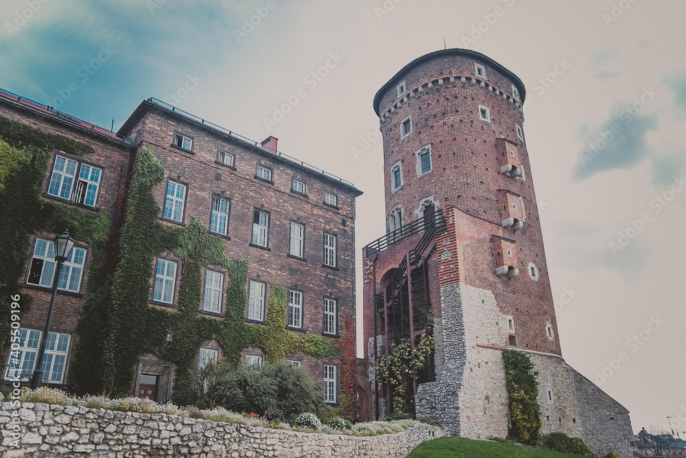 Medieval Sandomierska Tower and building is an old austrian hospital on a Wawel hill as part of the Wawel royal Castle in Krakow, Poland. The castle was one of the largest in Poland
