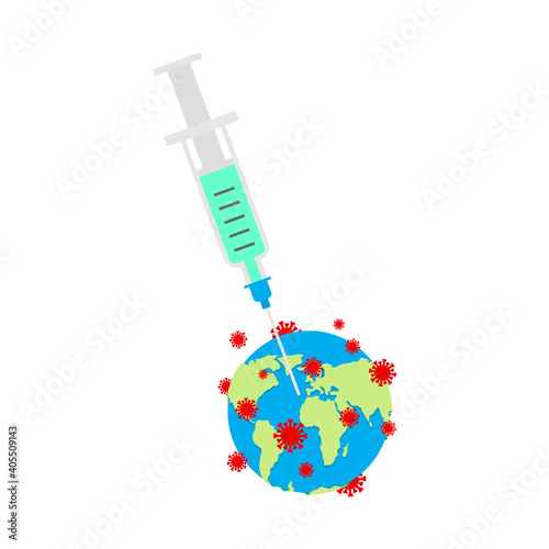 Coronavirus vaccine. Vaccinating earth. Syringe pierces Covid-19 bacteria. Cure for infection