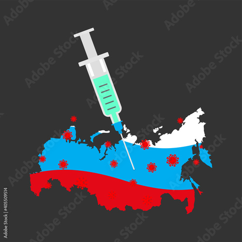 Coronavirus vaccine. Russia vaccination. Syringe pierces Russia map. Cure for infection  Covid-19