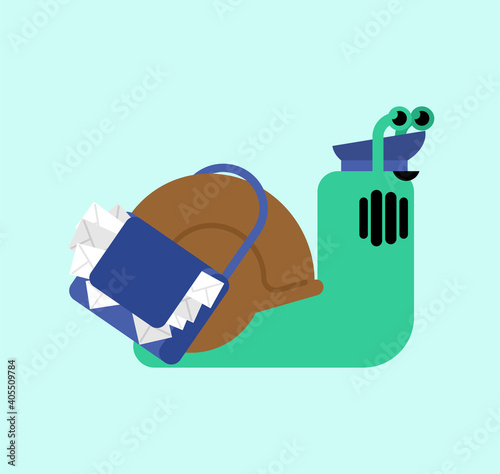 Snail postman. Slug and mail bag with letters. Slow mail concept