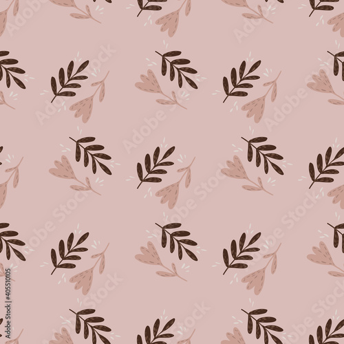 Hand drawn doodle seamless pattern with cartoon branches and flower elements. Pink pale palette.