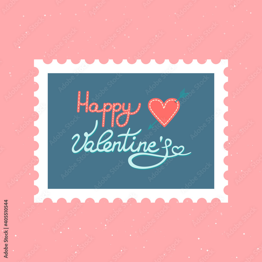 Happy Valentine, Hand drawn lettering. Сute and romantic vector post stamp. Mail and post office conceptual drawing. Love and Valentines day concept. Designs for greeting cards, print, web.