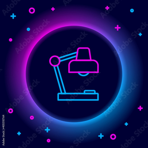 Glowing neon line Table lamp icon isolated on black background. Desk lamp. Colorful outline concept. Vector.