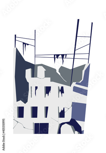 Destroyed building, damaged structure, consequences of a disaster, cataclysm or war, cartoon vector isolated illustration