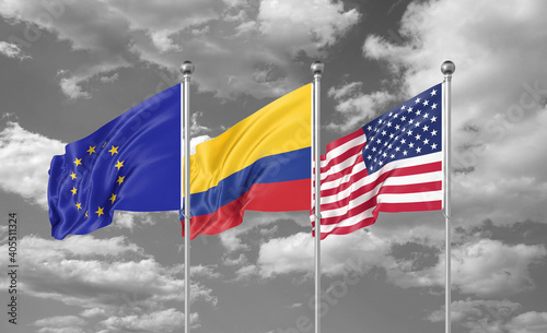 Three realistic flags. Three colored silky flags in the wind: USA (United States of America), EU (European Union) and Colombia. 3D illustration.
