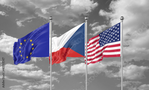 Three realistic flags. Three colored silky flags in the wind: USA (United States of America), EU (European Union) and Czech Republic. 3D illustration.
