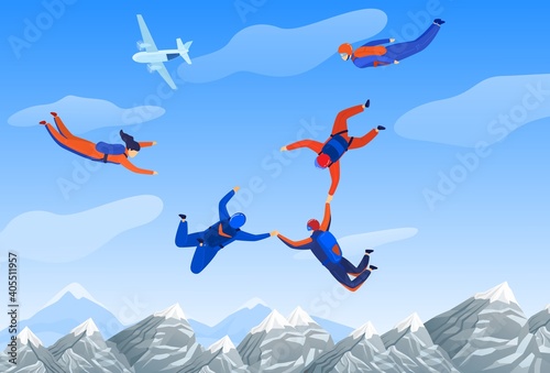 Skydiving man, extreme sport vector illustration. Parachuting sport. Fun parachute jumping skydrivers. Active hobby adventure. Sportsmen skydive and fly above mountains landscape.