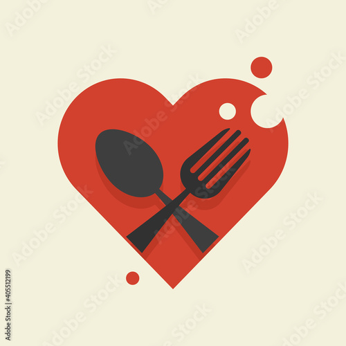 Fork, spoon and heart icon. Love for cooking and food concept. Flat style illustration. Isolated.