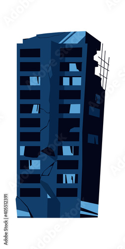 Destroyed building, damaged structure, consequences of a disaster, cataclysm or war, cartoon vector isolated illustration