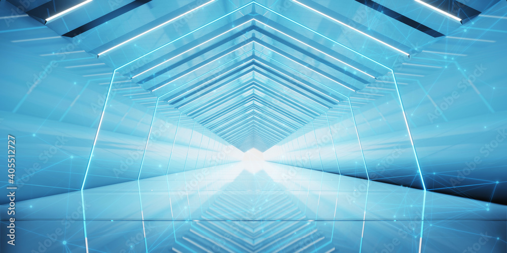 Fototapeta premium Abstract interior sci-fi spaceship corridors. futuristic design spaceship interior in blue background. 3d rendering.