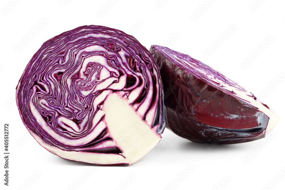 Fototapeta premium Cut fresh red cabbages on white isolated background