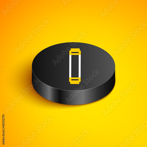 Isometric line Long luminescence fluorescent energy saving lamp icon isolated on yellow background. Black circle button. Vector.