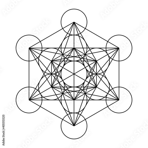 Metatrons Cube, a mystical symbol, derived from the Flower of Life. All thirteen circles are connected with straight lines. Sacred Geometry. Black lines over white background. Illustration. Vector. photo
