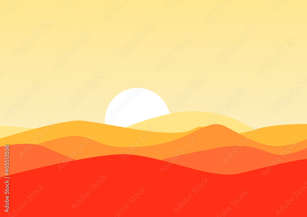 Vector illustration of desert. Dunes, sand and sunset. Orange composition. Wilderness image. Vector illustration of desert. Dunes, sand and sunset. Orange composition. Wilderness image.