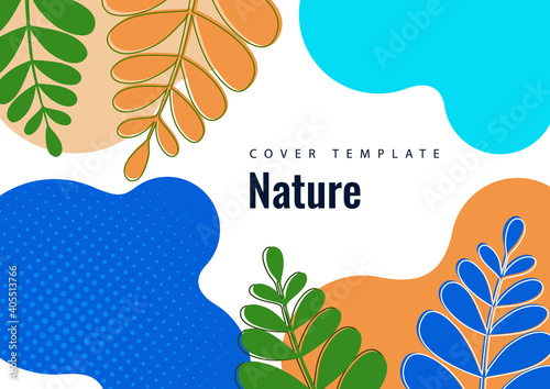 Abstract shapes with wavy edges, smoothly curved branches with leaves on a white background. Stylish modern eco template for your design. Vector