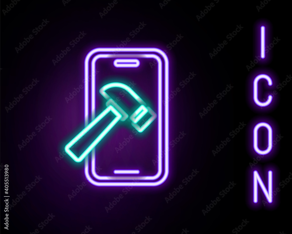 Glowing neon line Smartphone with broken screen icon isolated on black background. Shattered phone screen icon. Colorful outline concept. Vector. Glowing neon line Smartphone with broken screen icon isolated on black background. Shattered phone screen icon. Colorful outline concept. Vector.