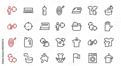 Simple set of washing related vector line Icons. Contains icons such as washing machine, powder, laundry, dirty t-shirt and much more. On a white background, editable stroke. 48x48 pixels perfect