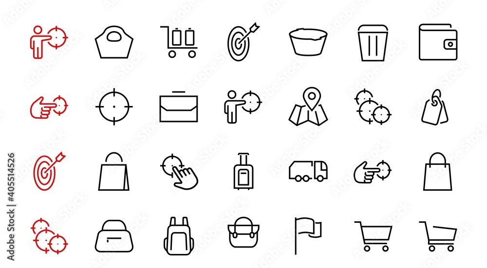 Simple set of bags, shopping and travel icons. Vector illustration Contains icons such as Card, wallet, shopping basket, discount, bowl, package. On a white background, editable stroke Simple set of bags, shopping and travel icons. Vector illustration Contains icons such as Card, wallet, shopping basket, discount, bowl, package. On a white background, editable stroke