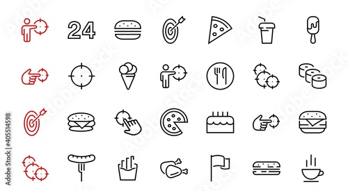 A simple set of fast food icons related to the vector line. Contains icons such as pizza, burger, sushi, bike, scrambled eggs and more. EDITABLE stroke. EPS 10