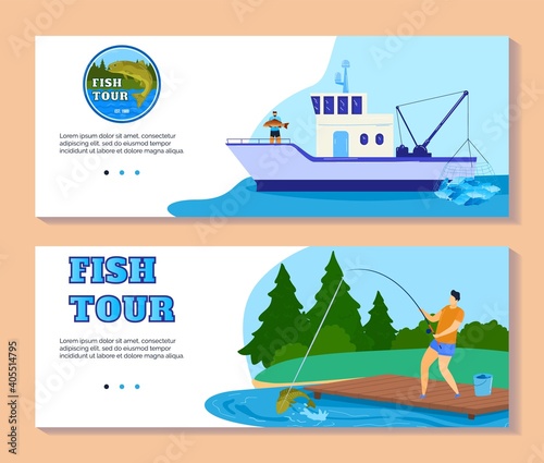 Fishing tourism or fish catch sport adventure vector illustration. Fisherman at lake with rod. Fish ship with fishing tackle and lures for pike, perch or seafood. Leisure and fishery sport activity.