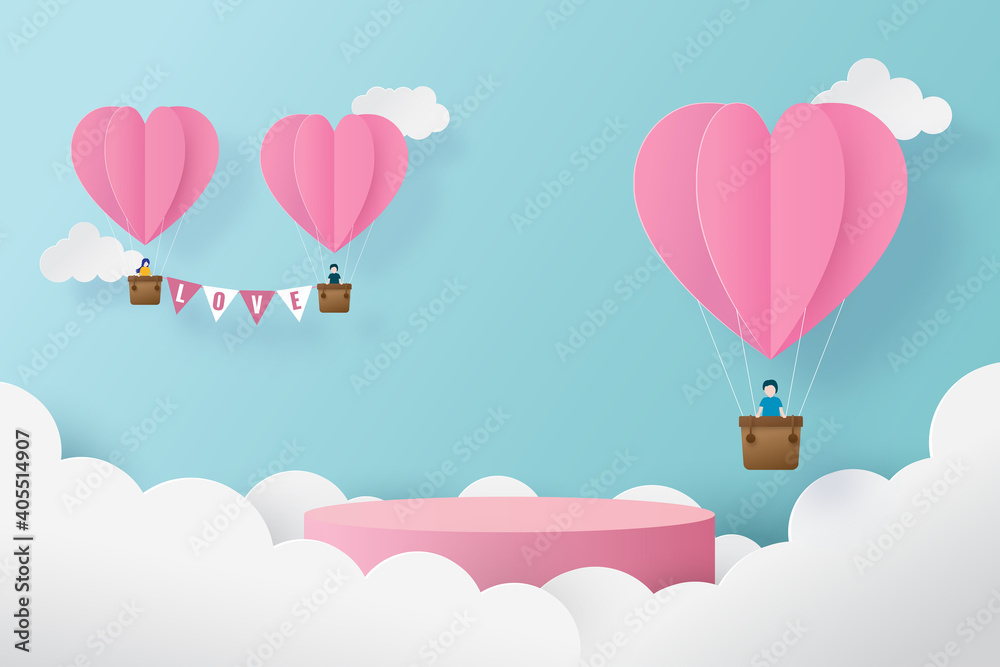 Happy valentines day banner with podium platform. Heart balloons with young couple and podium to show product. Paper cut and craft style illustration