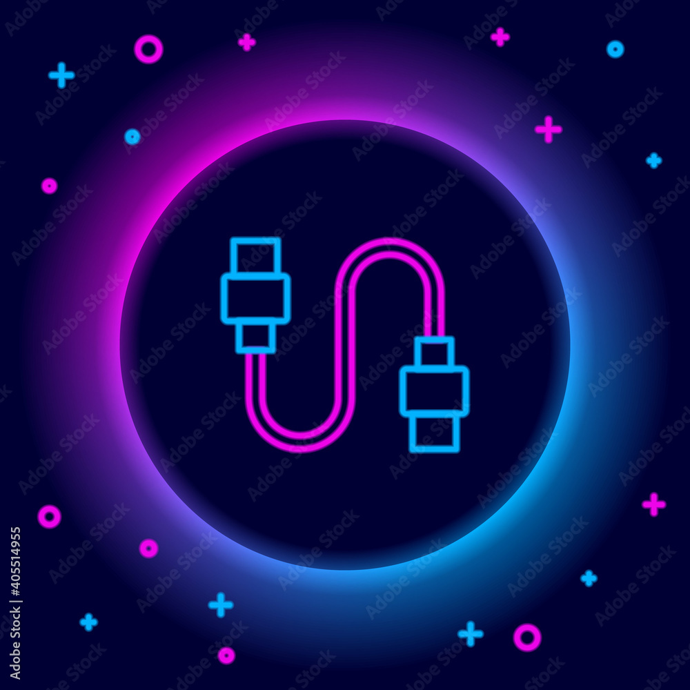 Glowing neon line USB cable cord icon isolated on black background. Connectors and sockets for PC and mobile devices. Colorful outline concept. Vector. Glowing neon line USB cable cord icon isolated on black background. Connectors and sockets for PC and mobile devices. Colorful outline concept. Vector.