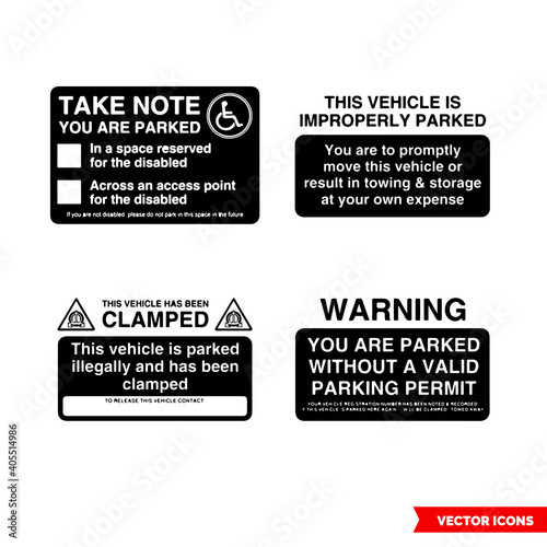 Parking offender adhesives signs icon set of black and white types. Isolated vector sign symbols. Icon pack.