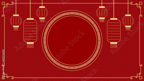 Chinese new year banner with circle for show product. Greeting card. China frame with lantern on red background