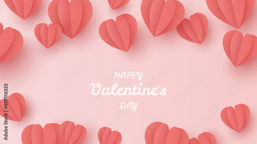 Valentines day banner. Red heart paper craft on pink background. Greeting card. Paper cut and craft style illustration