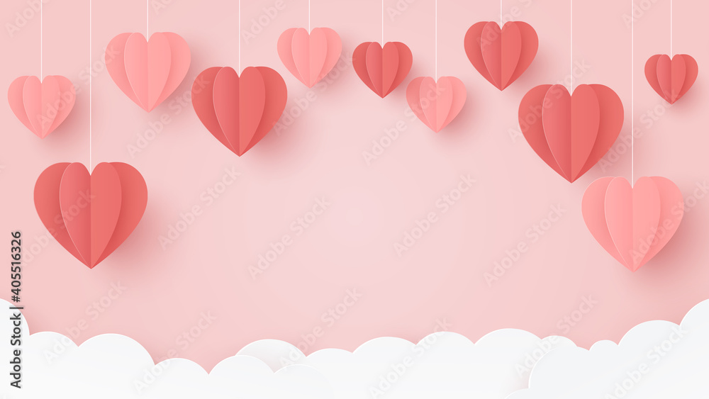 Valentines day banner. Red heart paper craft on pink background. Greeting card. Paper cut and craft style illustration