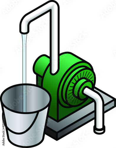 A water pump delivering a stream of water into a bucket.