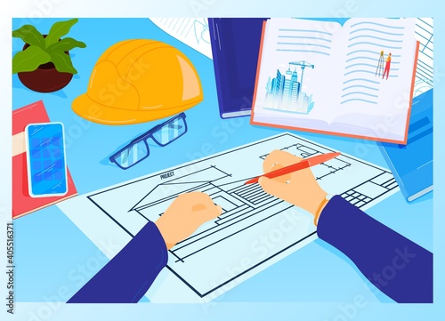 Construction project workplace at architect table vector illustration. House plan with tools, smartphone and book. Engineering design. Building construction, trends in design or architecture.
