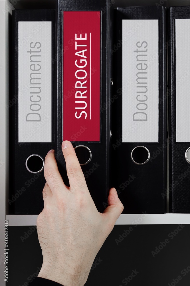 Surrogate. Folder with label on the shelf of a lawyer. Red label with text in focus. Surrogate. Folder with label on the shelf of a lawyer. Red label with text in focus.