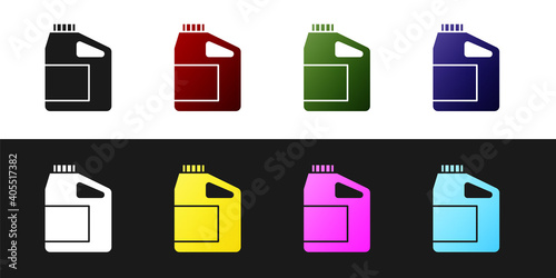 Set Canister for motor machine oil icon isolated on black and white background. Oil gallon. Oil change service and repair. Engine oil sign. Vector.