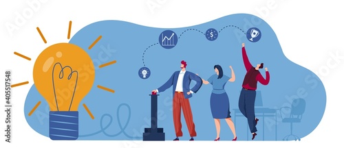 Business growth strategy, idea concept vector illustration. Businesspeople with light bulb as metaphor of solution, success. Innovation for businessman teamwork. Marketing and analysis.
