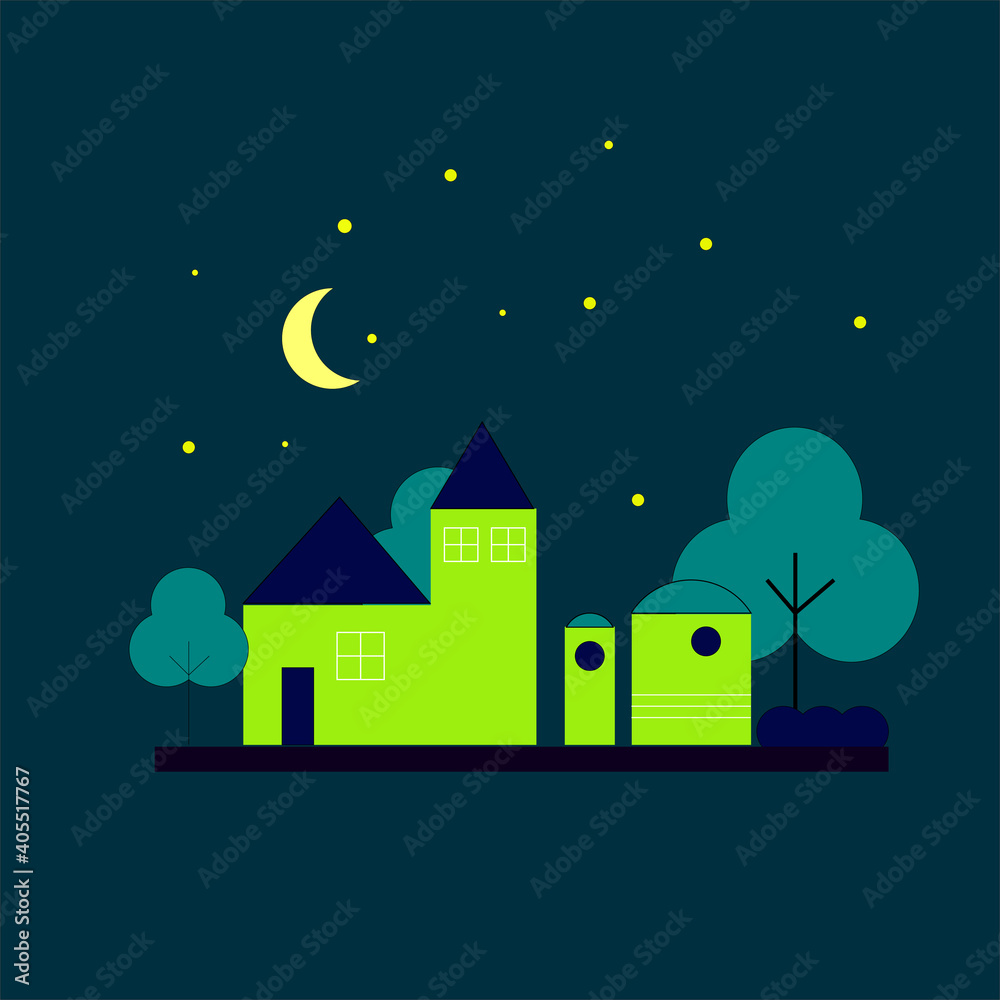 Fototapeta premium night house window tree moom stars