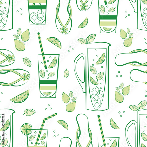 Mint lemonade pitcher, glass, flip flop vector seamless pattern background. Green white backdrop with hand drawn jug, drinks glasses, citrus fruit, minty leaves, sandals. Repeat for summer beach party